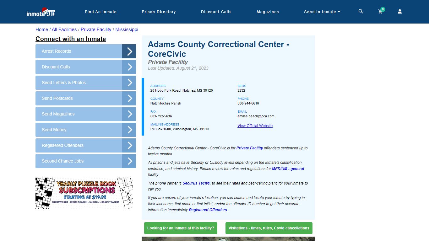 Adams County Correctional Center - CoreCivic - Inmate Search - Natchez, MS